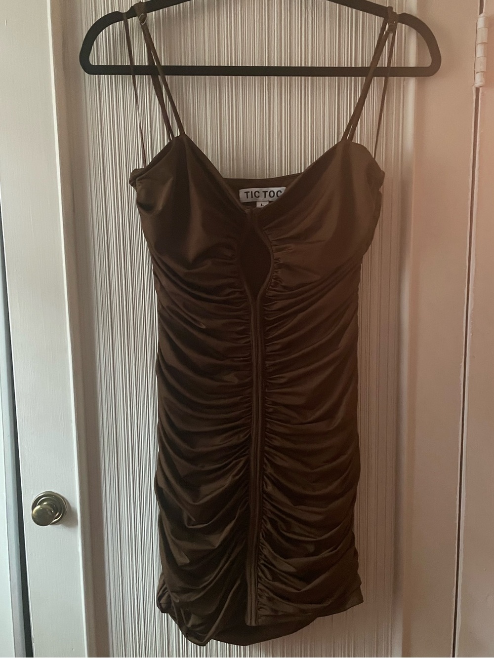 Tic Toc Brown Satin Ruched Mini Dress - Women's y2k style